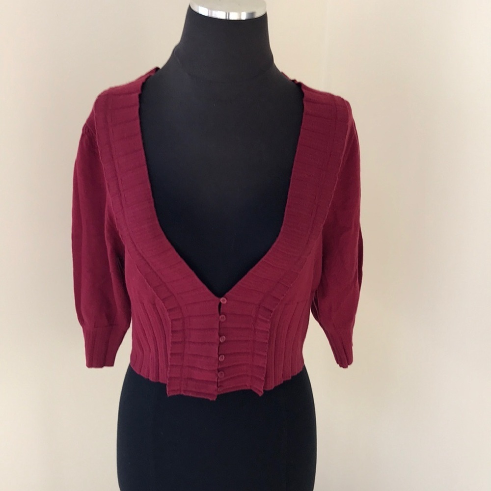 SUSANA MONACO Maroon Ruffled Wool Size L Cardigan